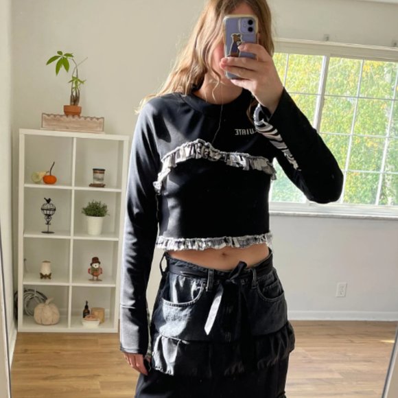 Black Ruffled Mock Neck Crop Top with Embroidery - SMALL - Picture 2 of 5